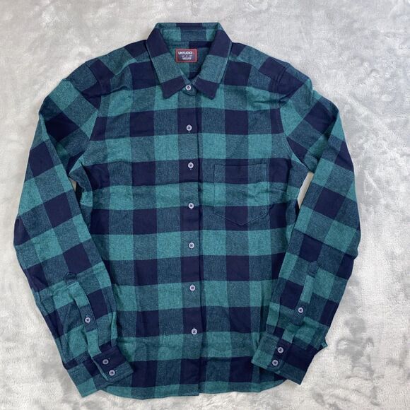 NWT Untuckit Women’s Size 2 Secoli Flannel Shirt Green Blue Plaid Button-Up Long - Picture 1 of 7